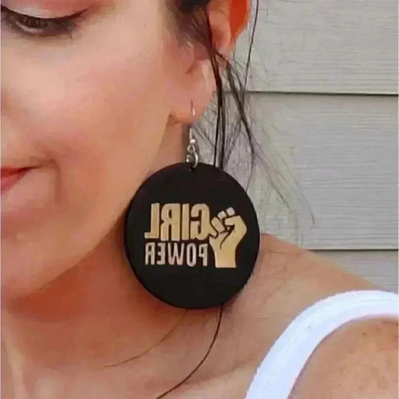 Girl power round wooden engraved statement earrings new - Picture 3 of 4